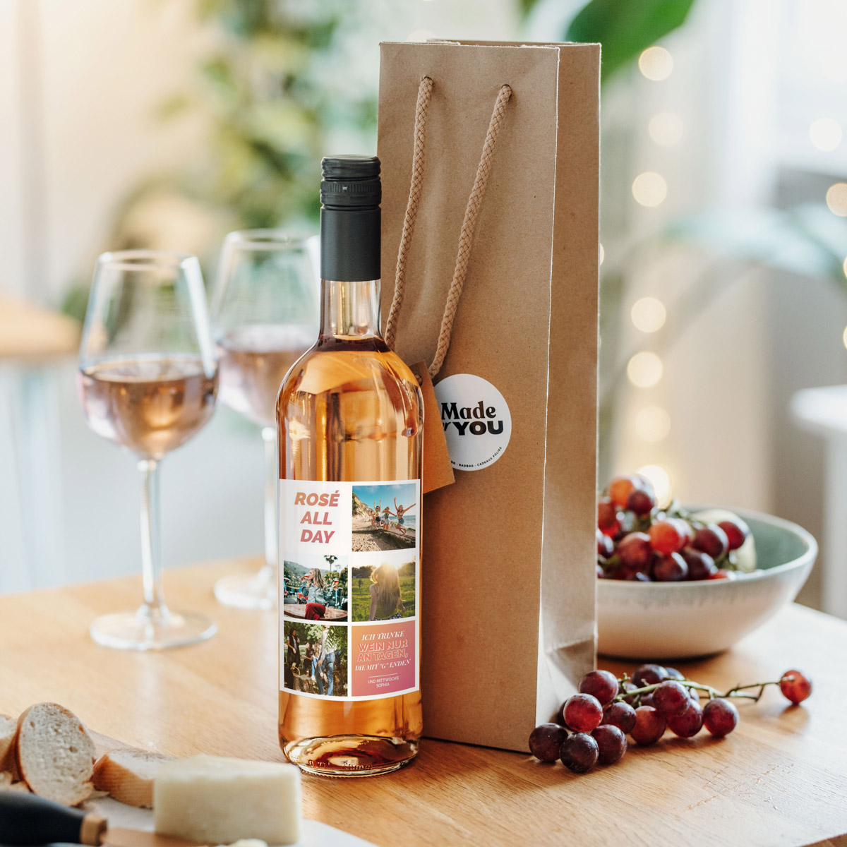 Personalisierbarer Rosé-Wein mit 4 Fotos und Text