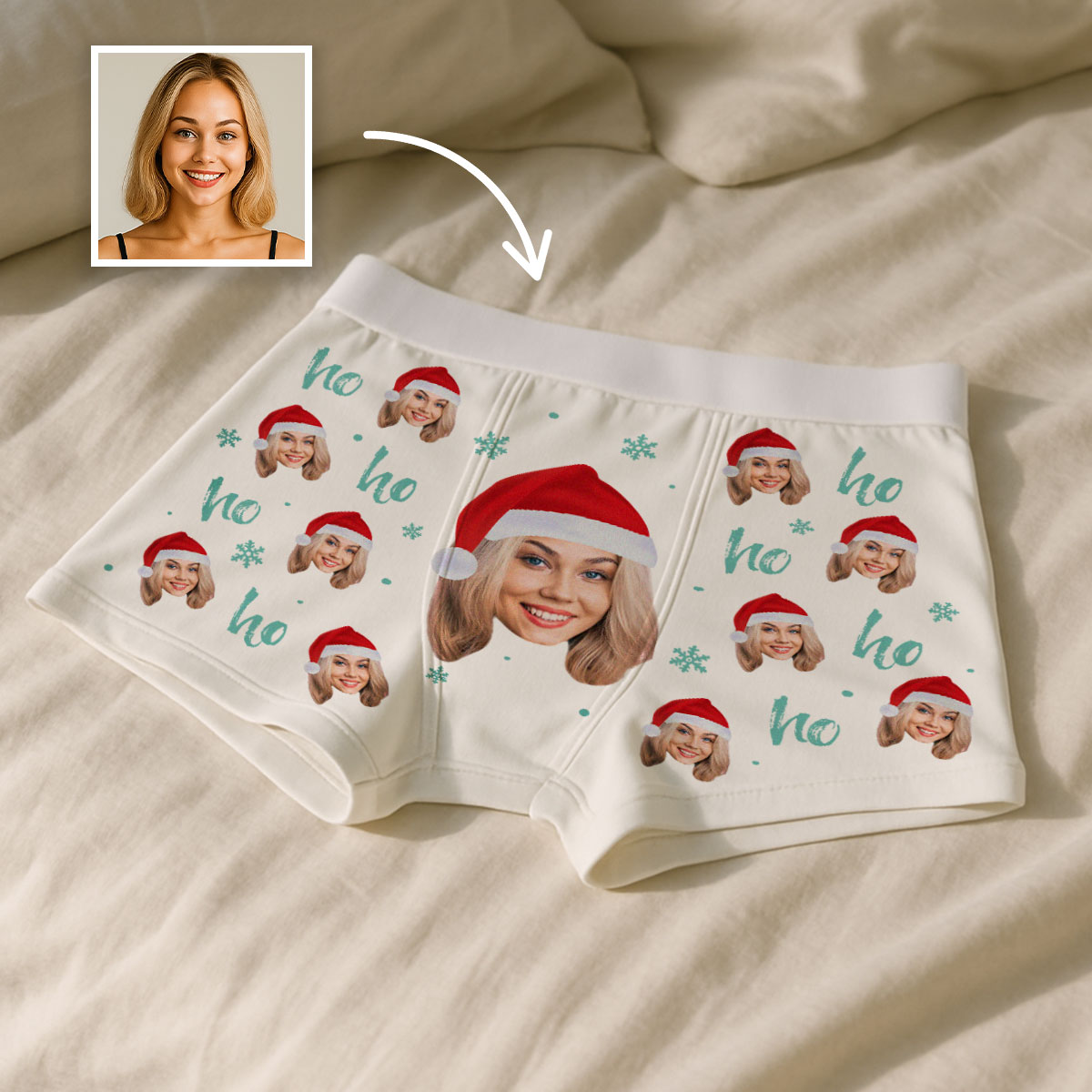 Personalisierbare Boxershorts mit Gesicht und Weihnachtsmütze, Fotogeschenk, Witzige Geschenke, Romantische Geschenke, Hochzeitsgeschenk, Kleine Geschenke, Geschenk, Geschenkidee