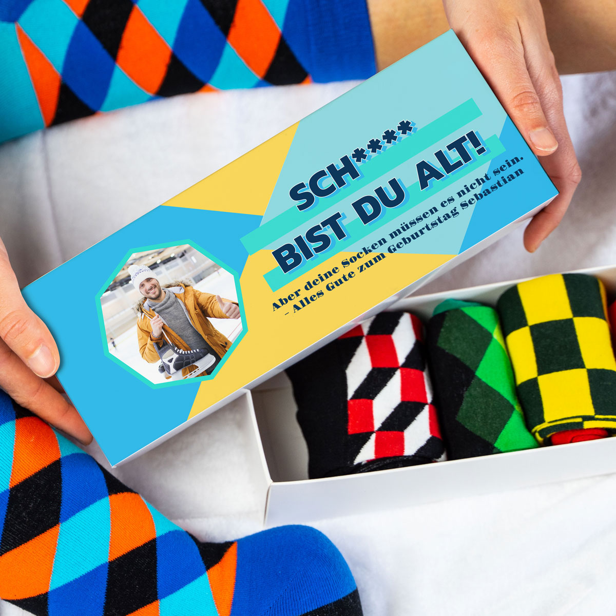 Sockenbox mit Bild und Text