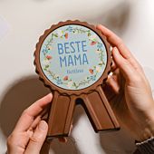 Personalisierbare Schokoladen Medaille mit Blumen und Text