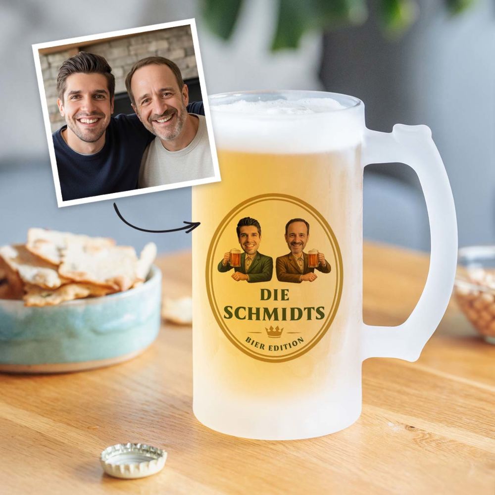 Personalisierbarer Bierkrug mit zwei Gesichtern und Logo Personalisierbarer Bierkrug mit zwei Gesichtern und Logo