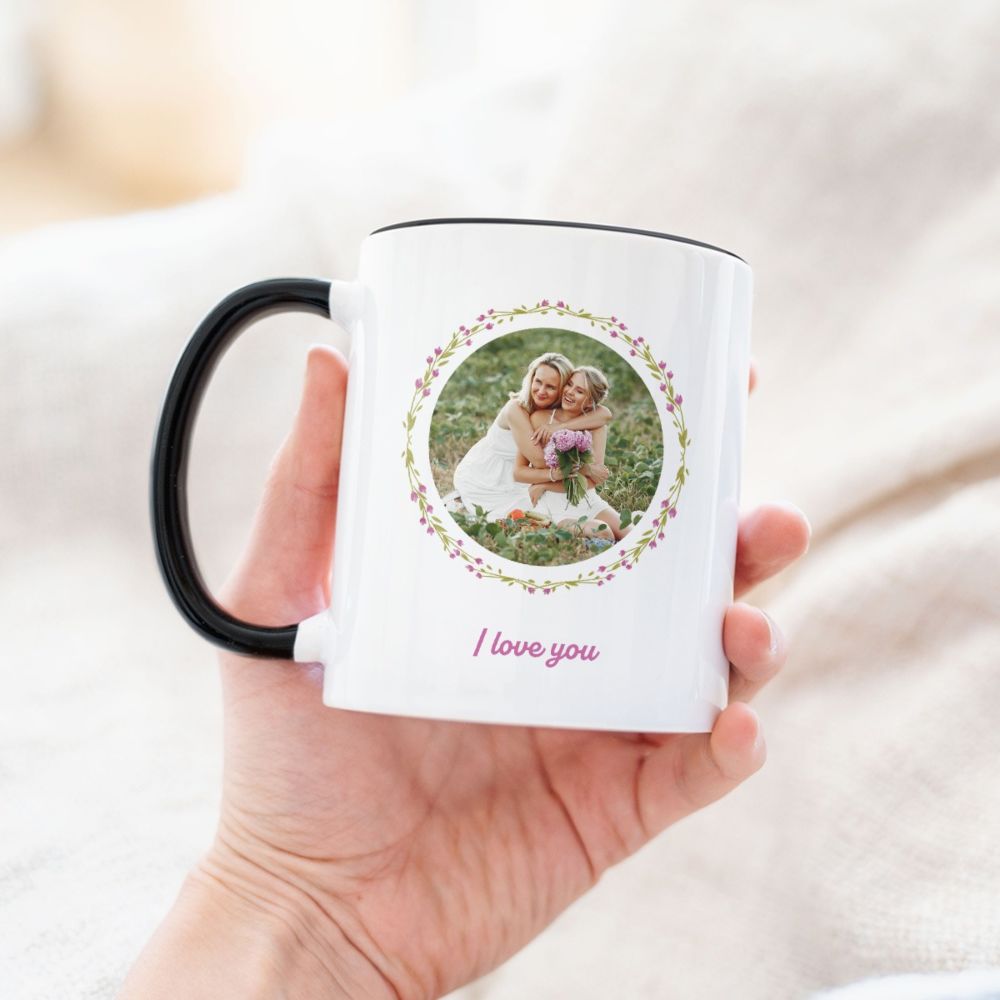 Personalisierbare Tasse Blumenkranz mit Foto und Text
