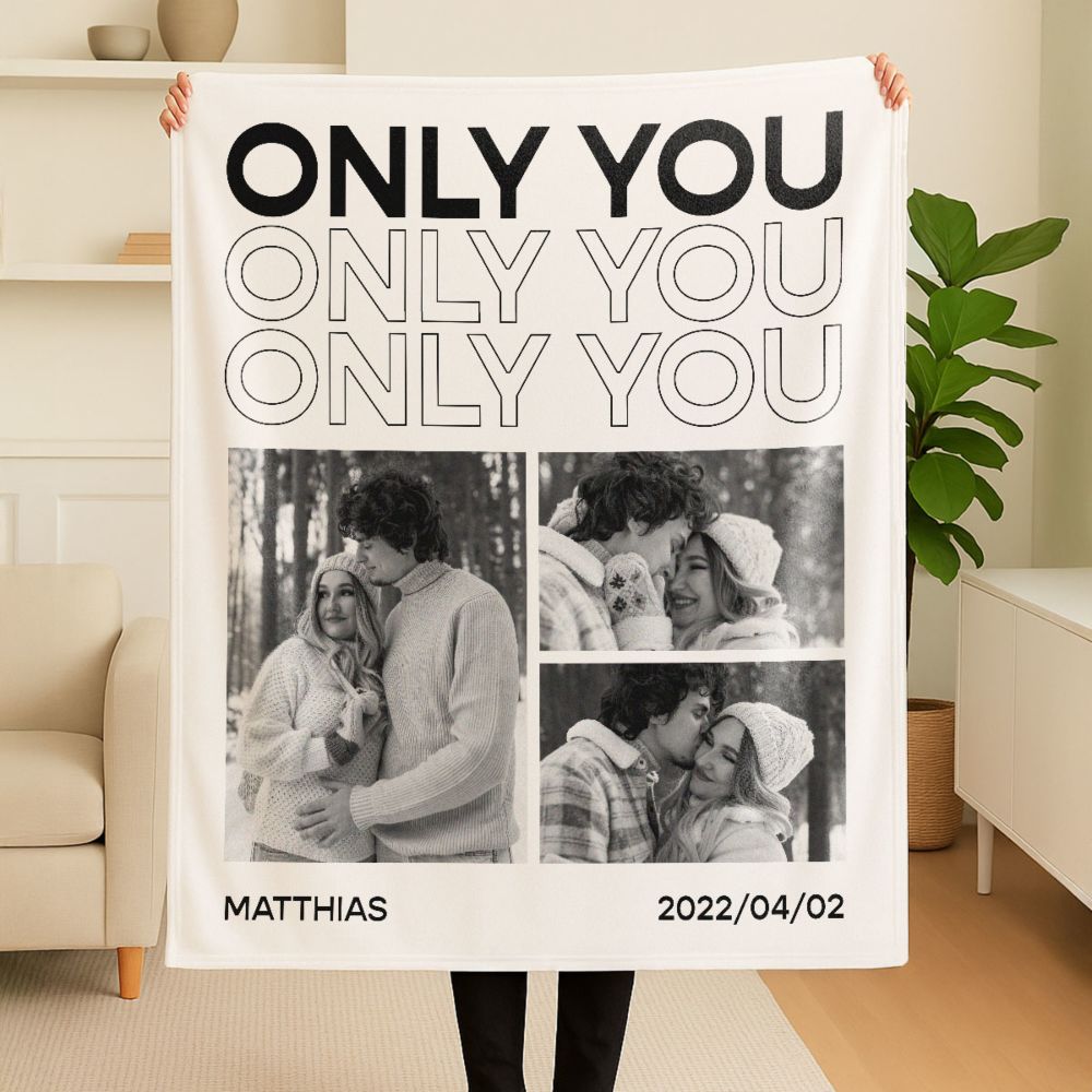 Personalisierbare Decke mit Schwarz Weiß Fotos und Text