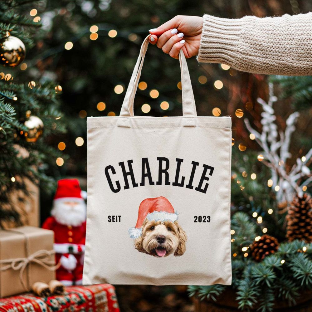 Personalisierbarer Jutebeutel mit Haustier und Weihnachtsmütze
