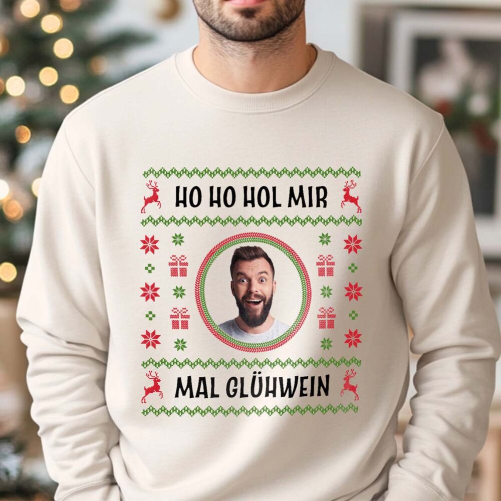 Personalisierbarer Weihnachtspullover mit Foto und Text 