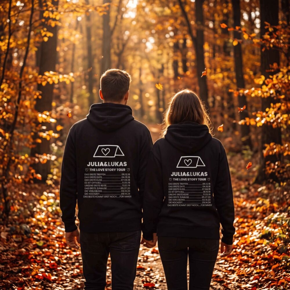 Love Story Kapuzenpullover-Set mit Namen und Wunschdatum
