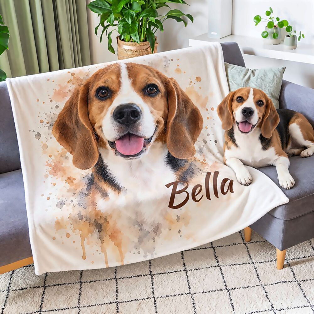 Personalisierbare Decke mit Haustier-Foto im Aquarell-Stil