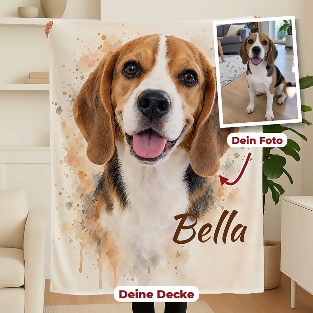 Personalisierbare Decke mit Haustier-Foto im Aquarell-Stil