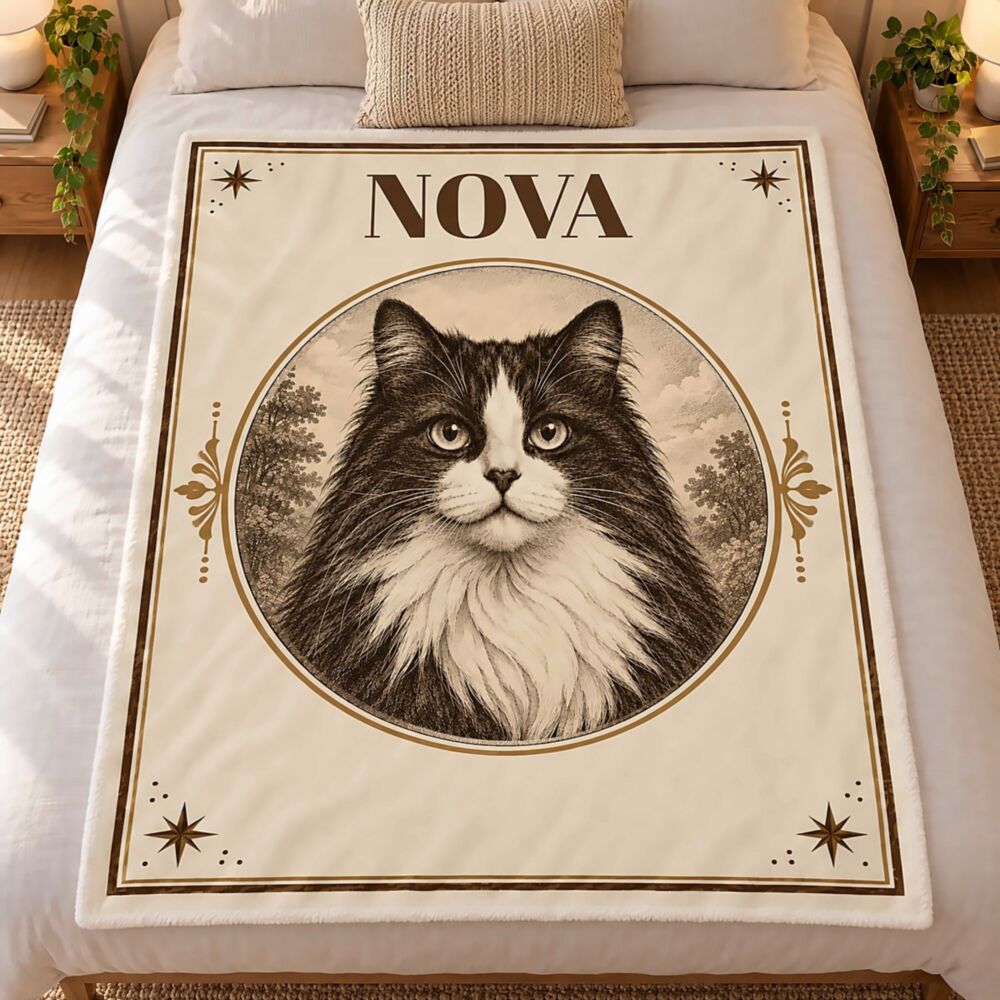 Personalisierbare Decke mit Haustier im Vintage-Kupferstich-Stil – Katze mit dem Namen Nova, ganz ausgebreitet