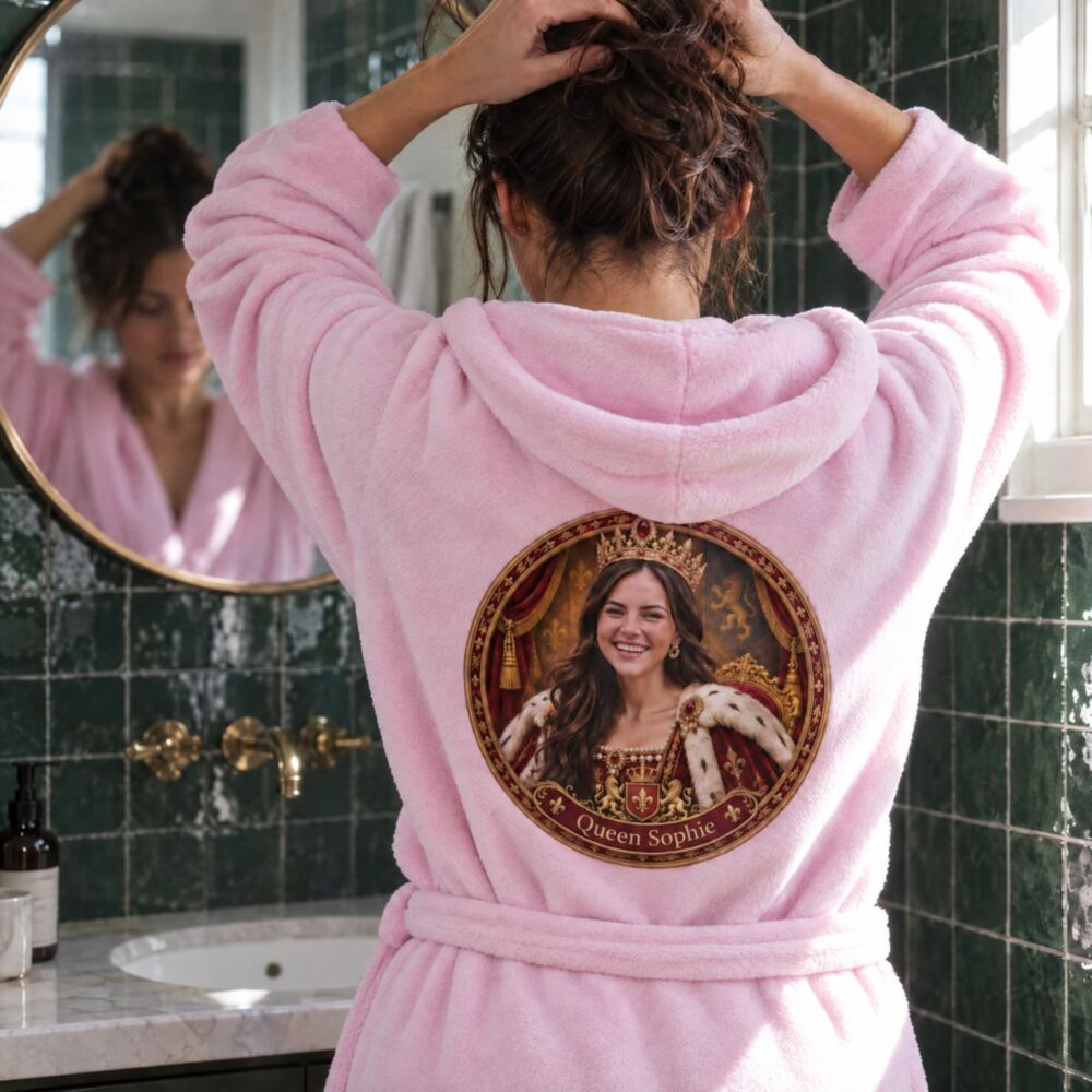 Personalisierbarer Bademantel in Pink mit Royal-Porträt und Name – Queen Sophie im Bad