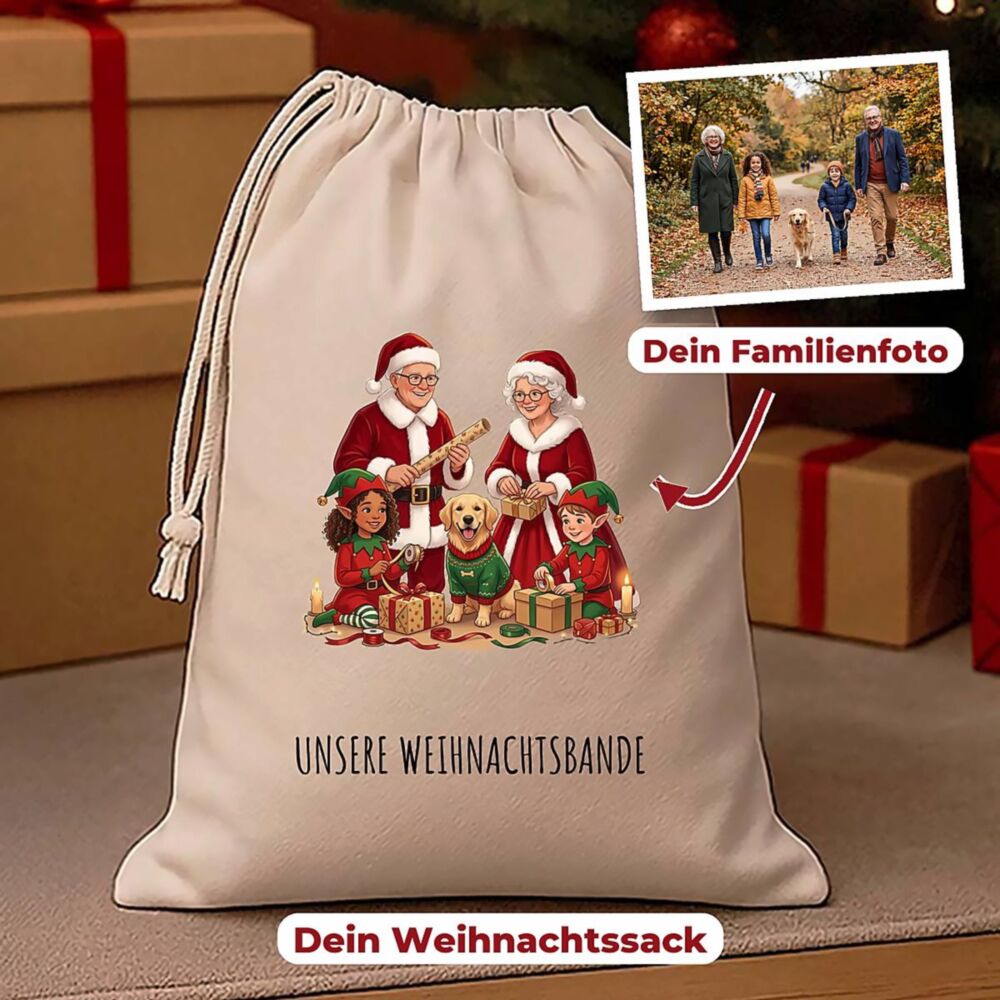 Personalisierbarer Weihnachtssack mit Familien-Illustration