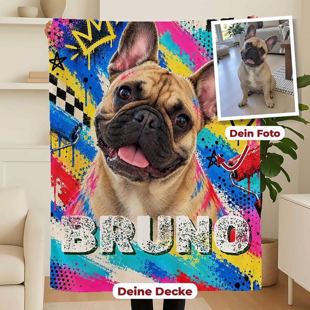 Personalisierbare Decke mit Foto – Personalisierbares Haustier-Porträt im Graffiti-Stil
