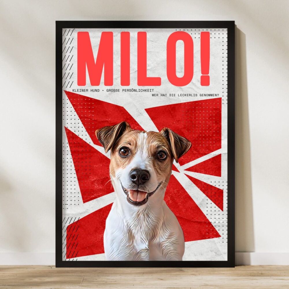 Personalisiertes Poster mit Hundefoto und Namen – Retro-Halftone, im Format A2