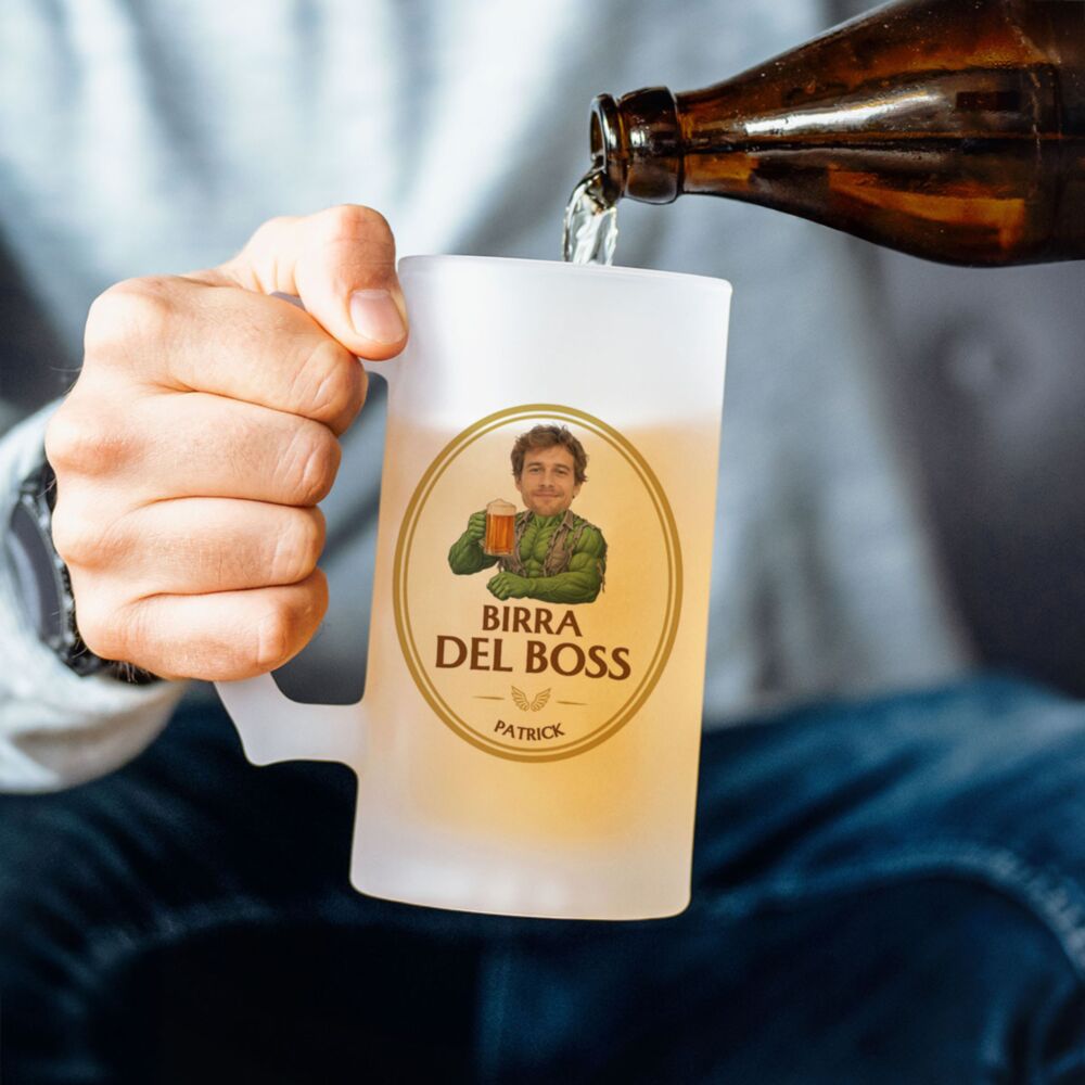 Personalisierter Bierkrug Superheld mit Gesicht und Foto
