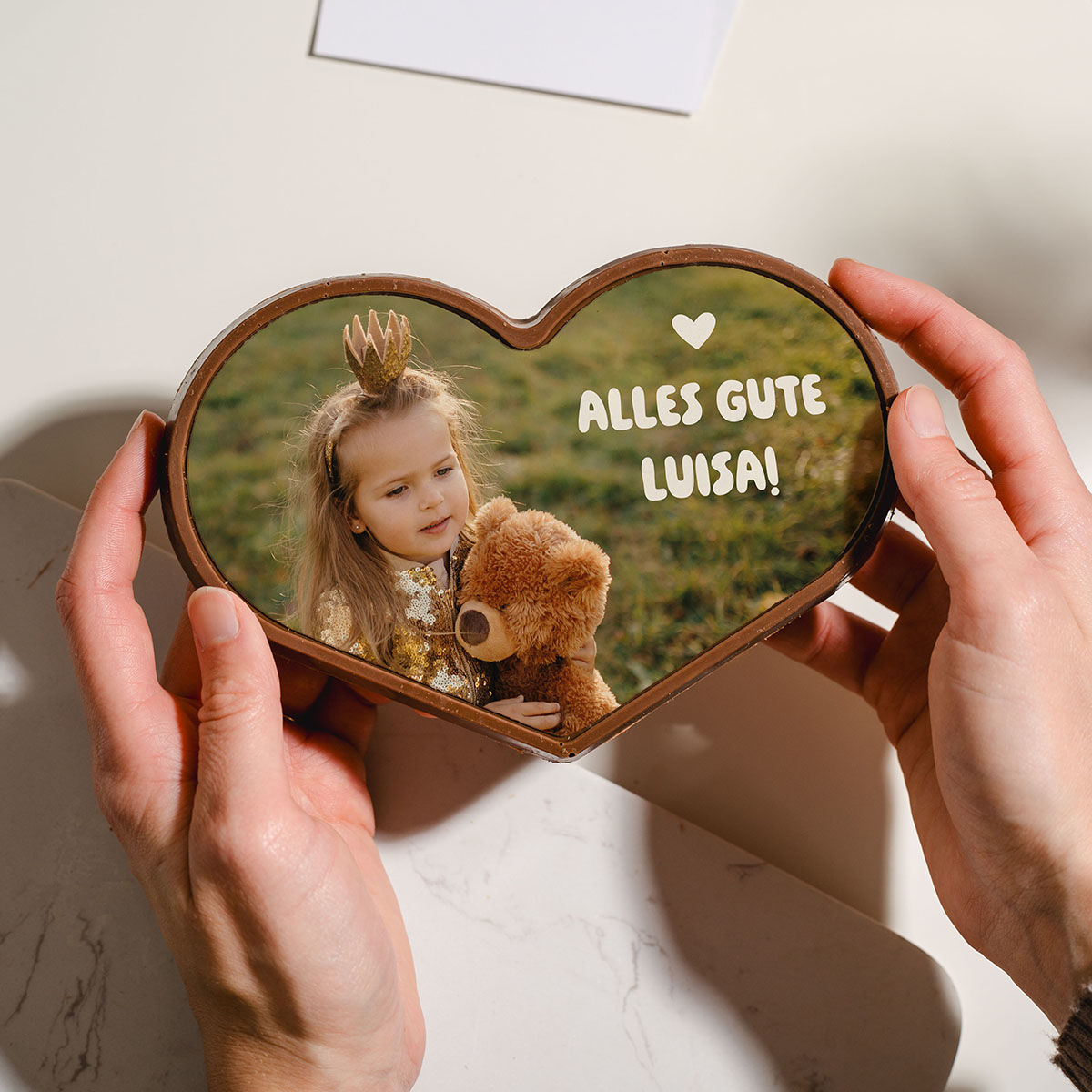 Personalisierte Herz Schokolade mit Foto und Text 