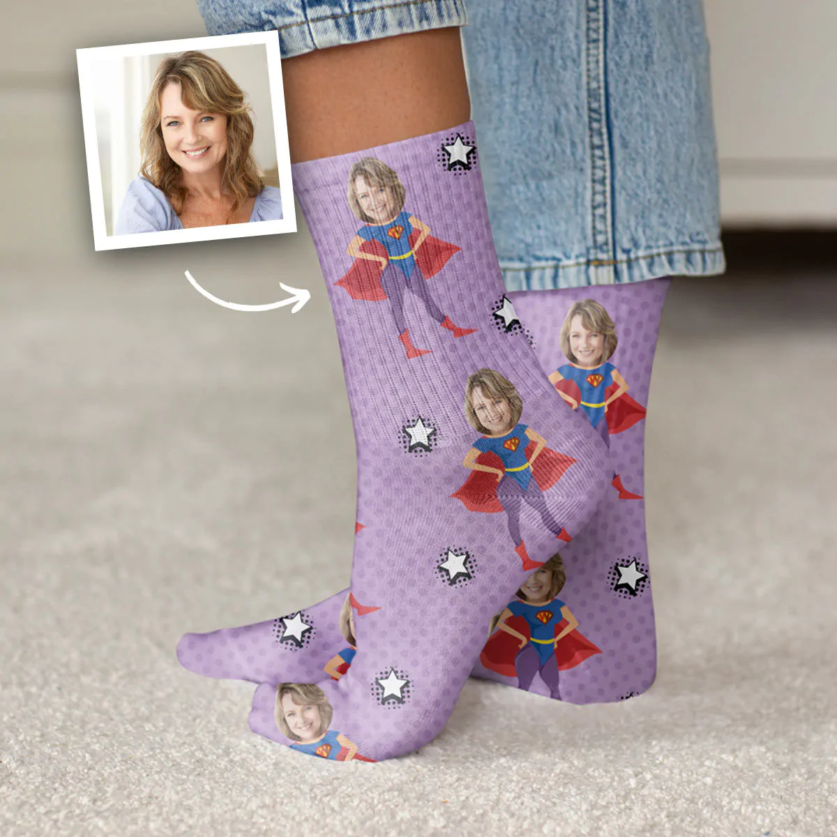 Personalisierbare Socken mit Gesicht und Superhelden