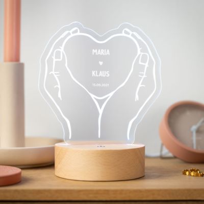Personalisierbare LED-Lampe Herz mit Händen und Namen