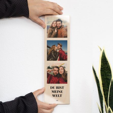 Schmales Holzbild mit 3 Bildern und Text