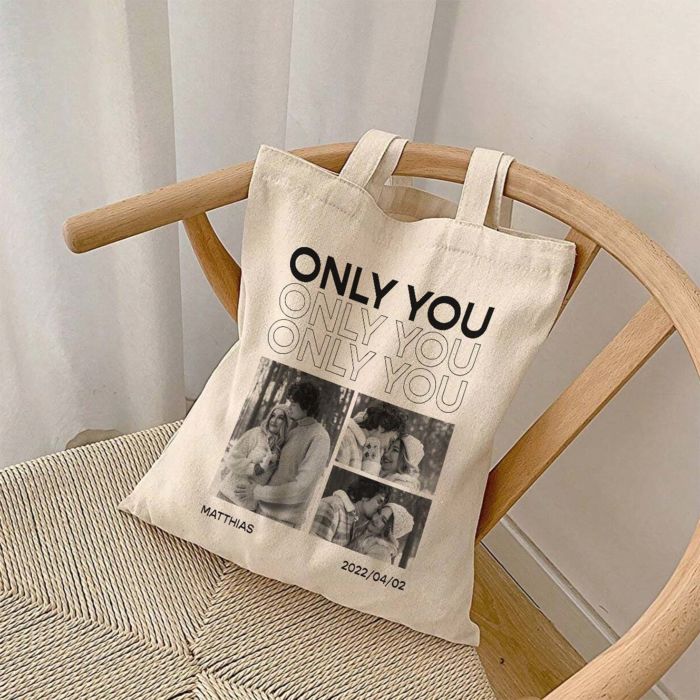 Personalisierbarer Jutebeutel mit Schwarz Weiß Fotos und Text