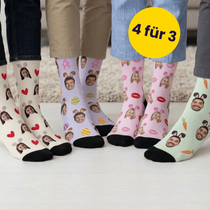 Geschenkset Ostersocken 4er Set mit Gesicht und Hasenohren