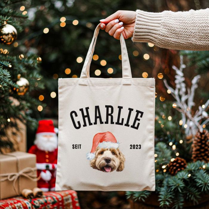 Personalisierbarer Jutebeutel mit Haustier und Weihnachtsmütze