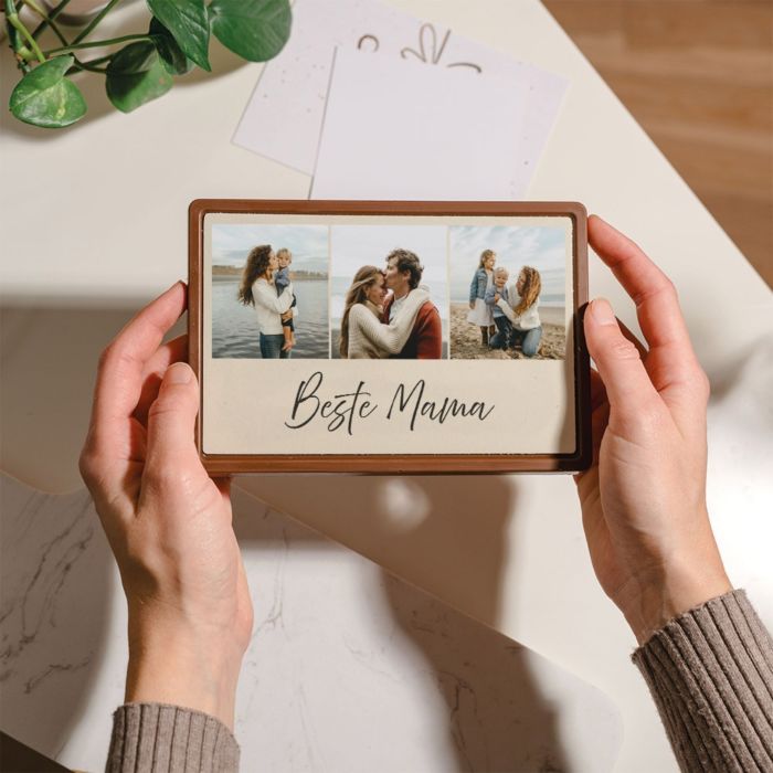Personalisierte Schokolade als Karte mit Fotocollage und Text