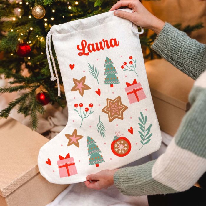 Personalisierbarer Weihnachtsstrumpf mit Muster und Name