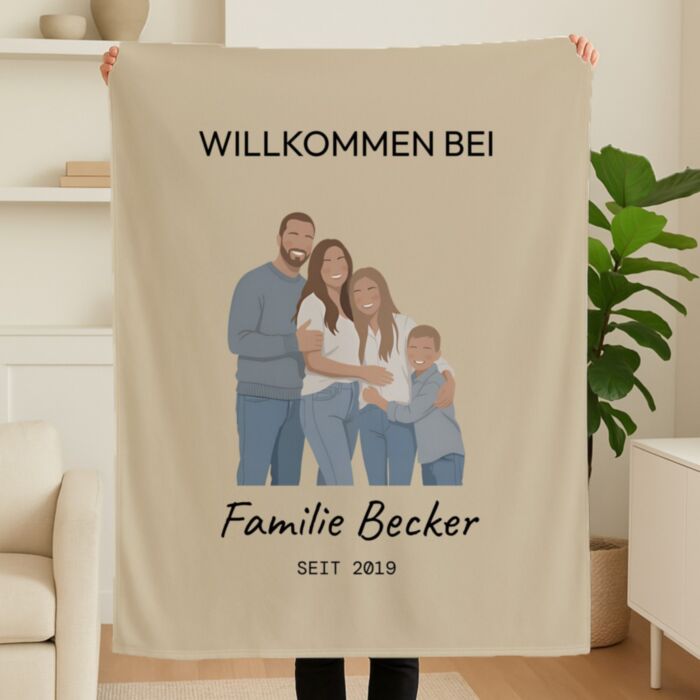 Personalisierbare Decke mit Familienillustration