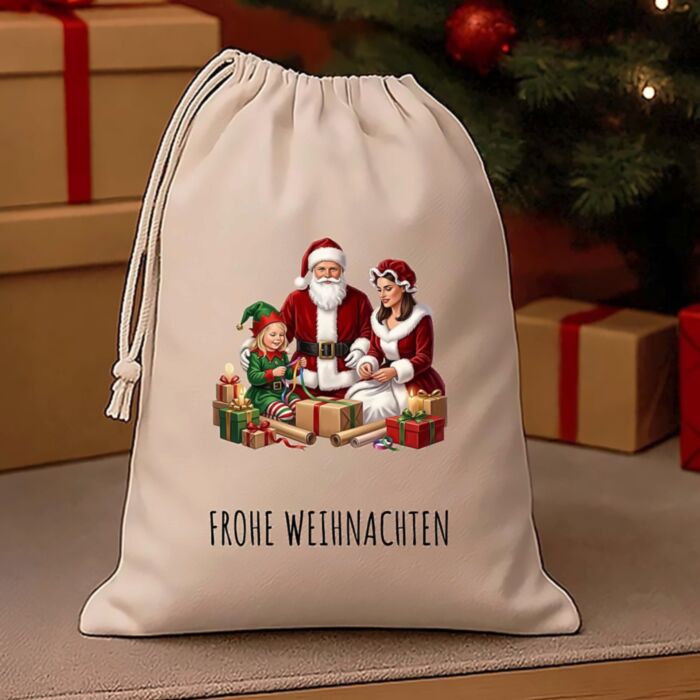 Personalisierbarer Weihnachtssack mit Familien-Illustration
