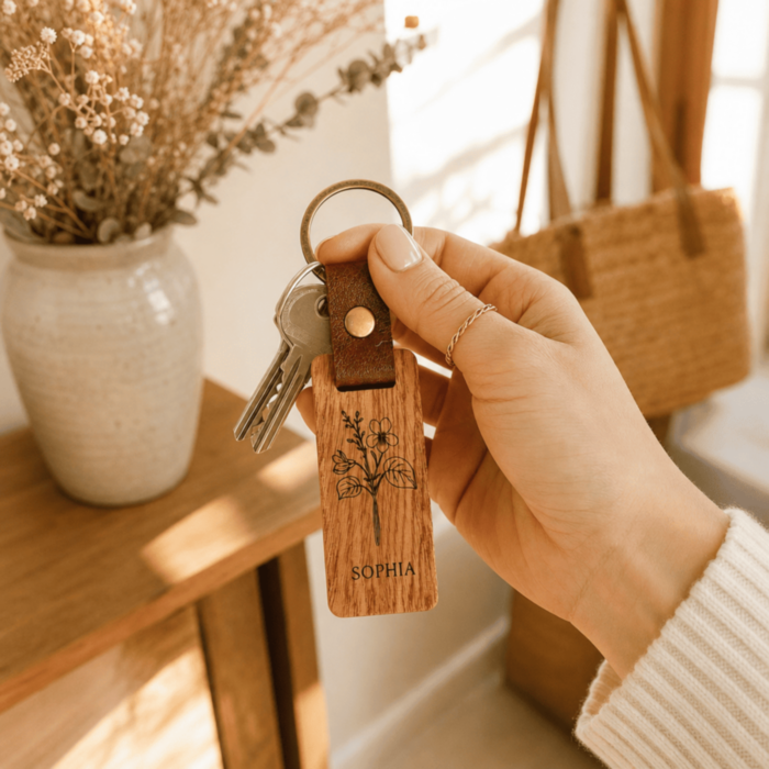 Personalisierter Schlüsselanhänger aus Holz mit Geburtsblume und Wunschdatum