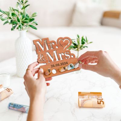 Personalisierbarers Geldgeschenk aus Holz Mr & Mrs