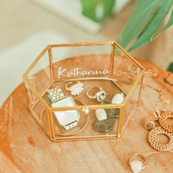 Glasbox mit Text