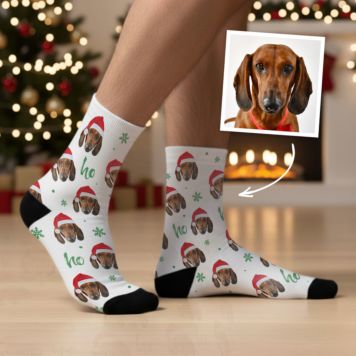 Personalisierbare Socken mit Gesicht und Weihnachtsmütze