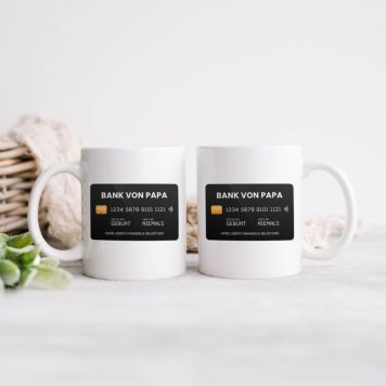 Personalisierbare Tasse mit Kreditkarte und Text