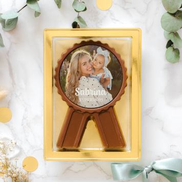 Personalisierbare Schokoladen Medaille Bild mit Text