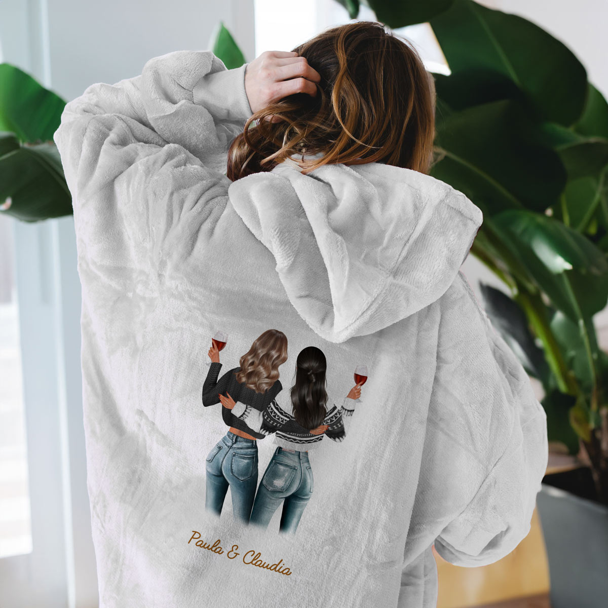 Personalisierbare Hoodie Decken-Illustration zwei Freundinnen, Witzige Geschenke, Kleine Geschenke, Geschenk, Geschenkidee