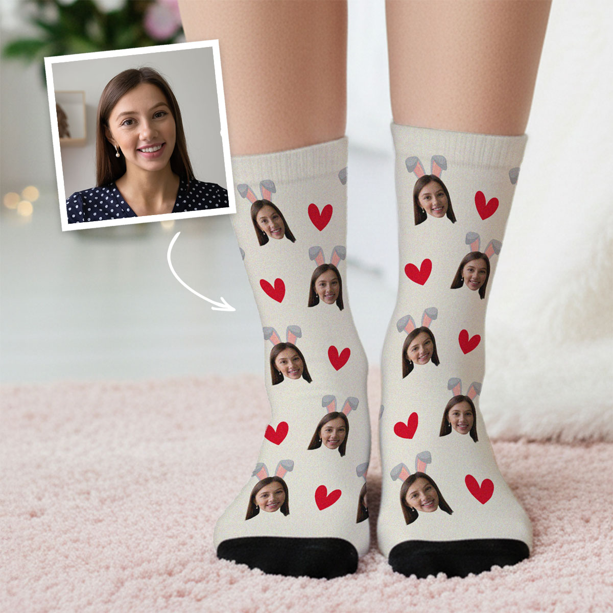 Personalisierbare Socken mit Gesicht und Hasenohren, Fotogeschenk, Witzige Geschenke, Romantische Geschenke, Hochzeitsgeschenk, Geschenk, Geschenkidee