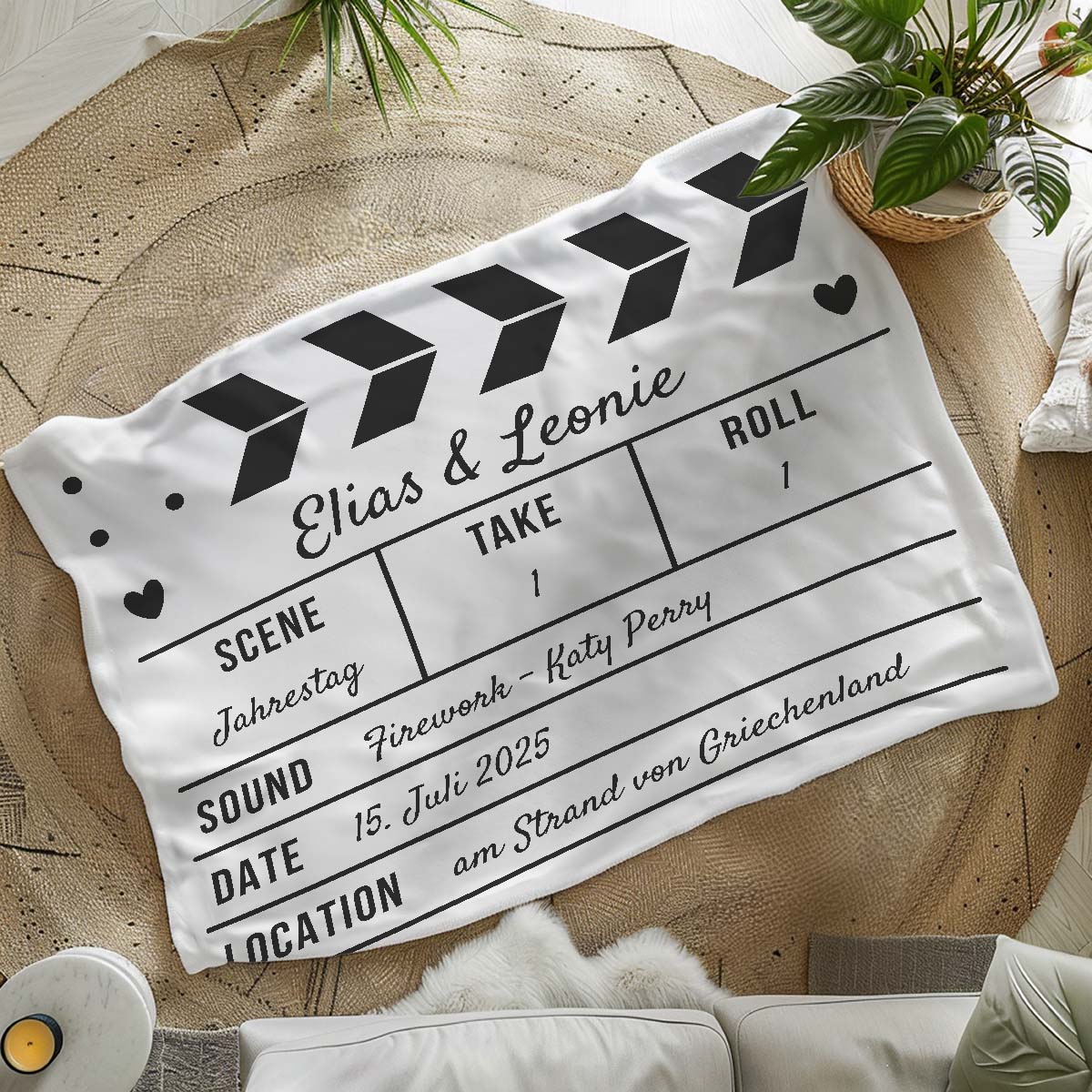 Personalisierbare Decke als Filmklappe, Geschenke Frauen, Geschenke Freundin, Geschenk Schwester, Romantische Geschenke, Hochzeitsgeschenk, Kleine Geschenke, Geschenk, Geschenkidee
