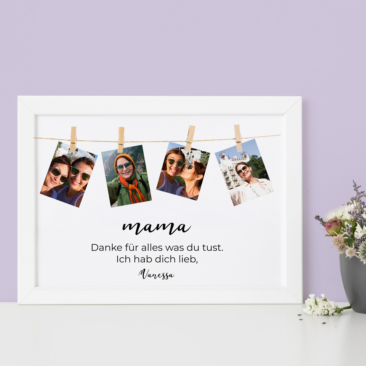Poster mit Fotoschnur und Text