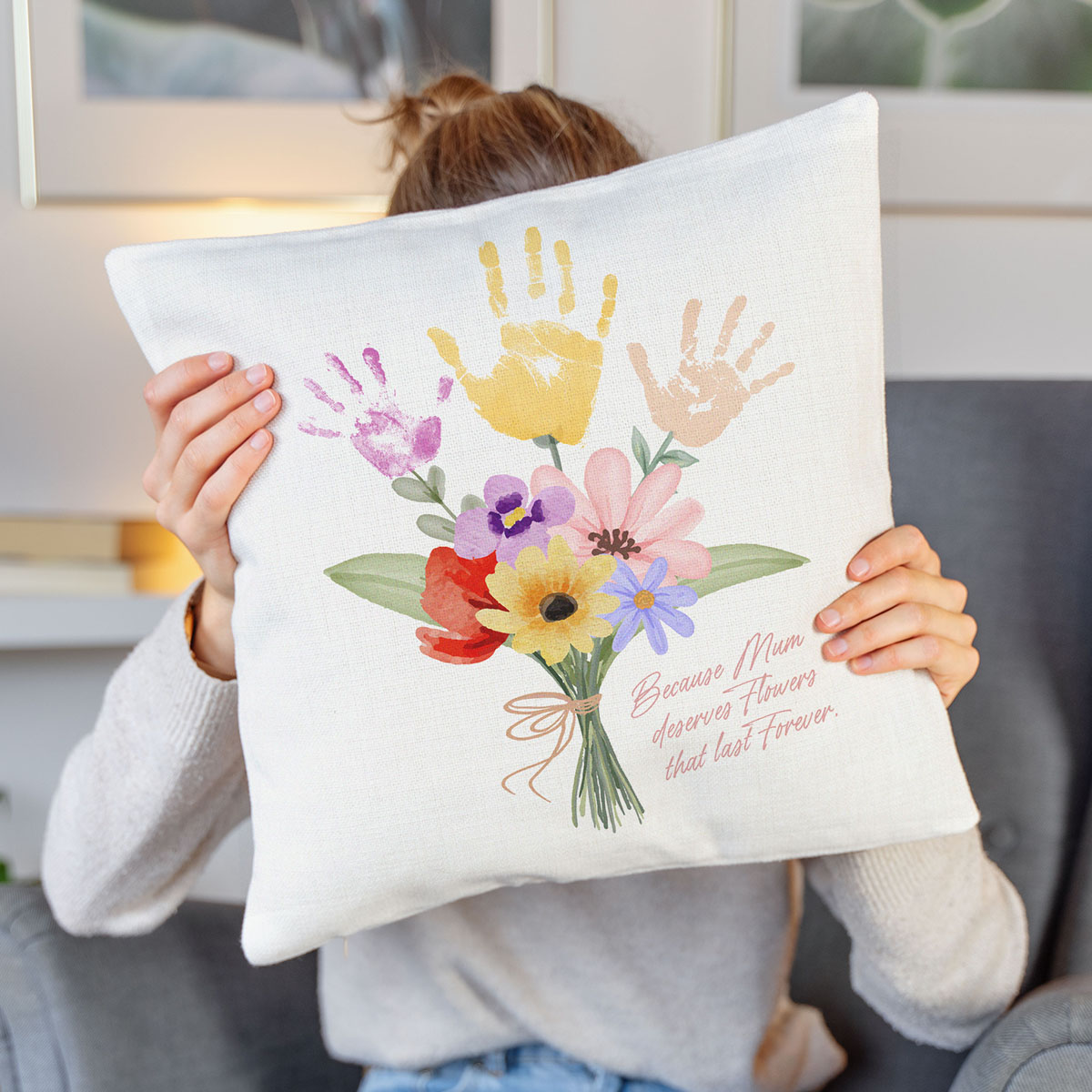 Personalisierbarer Kissenbezug Blumenstrauß mit Handabdruck, Fotogeschenk, Romantische Geschenke, Hochzeitsgeschenk, Kleine Geschenke, Geschenk, Geschenkidee