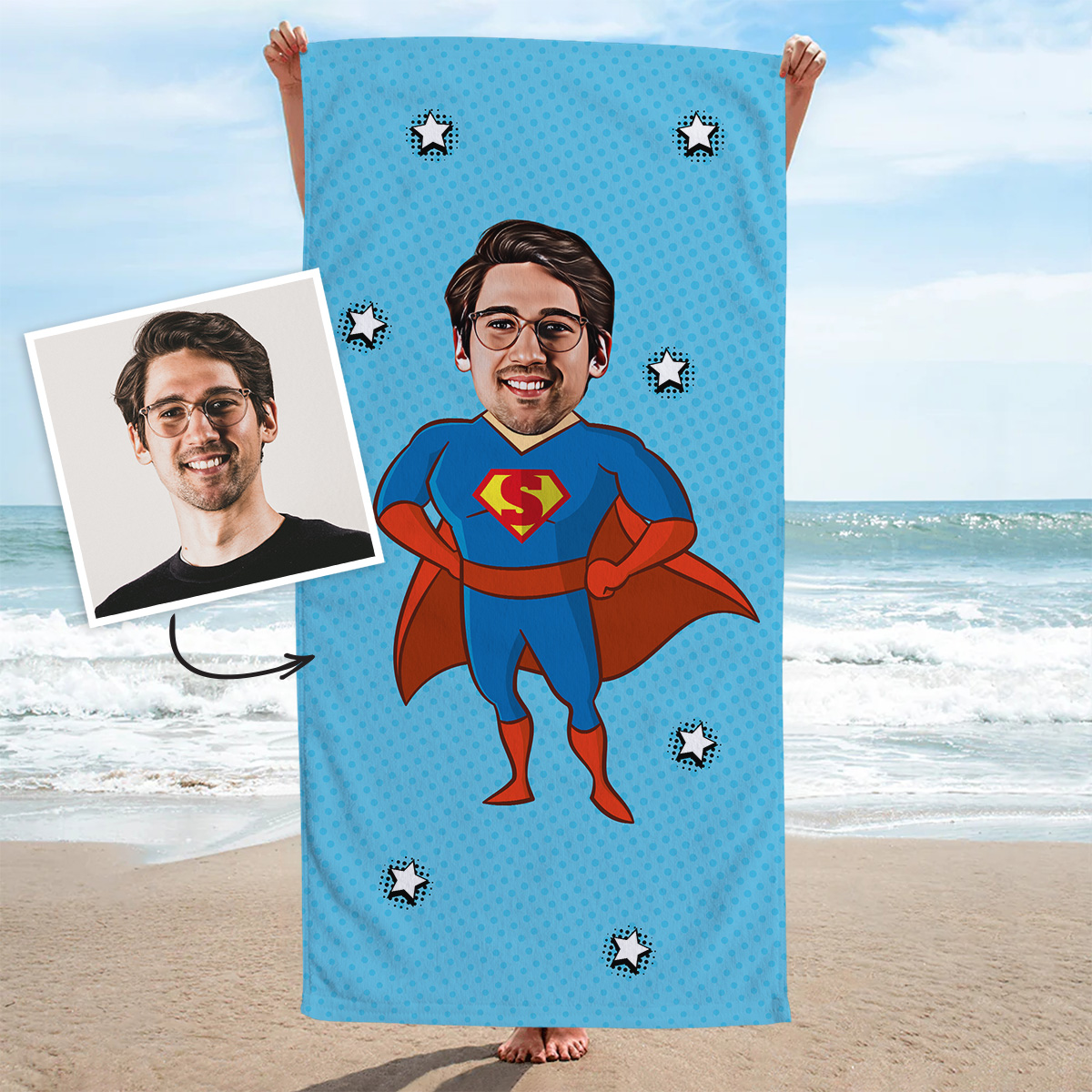 Personalisierbares Superhelden Handtuch mit Gesicht im Comic-Style, Vatertagsgeschenk, Geschenk Papa, Fotogeschenk, Geburtstagsgeschenk, Geschenk Männer, Geschenk Freund, Geschenk Bruder, Geschenke Frauen, Geschenke Freundin, Geschenk Schwester, Geschenk Mama, Witzige Geschenke, Romantische Geschenke, Hochzeitsgeschenk, Kleine Geschenke, Geschenk, Geschenkidee