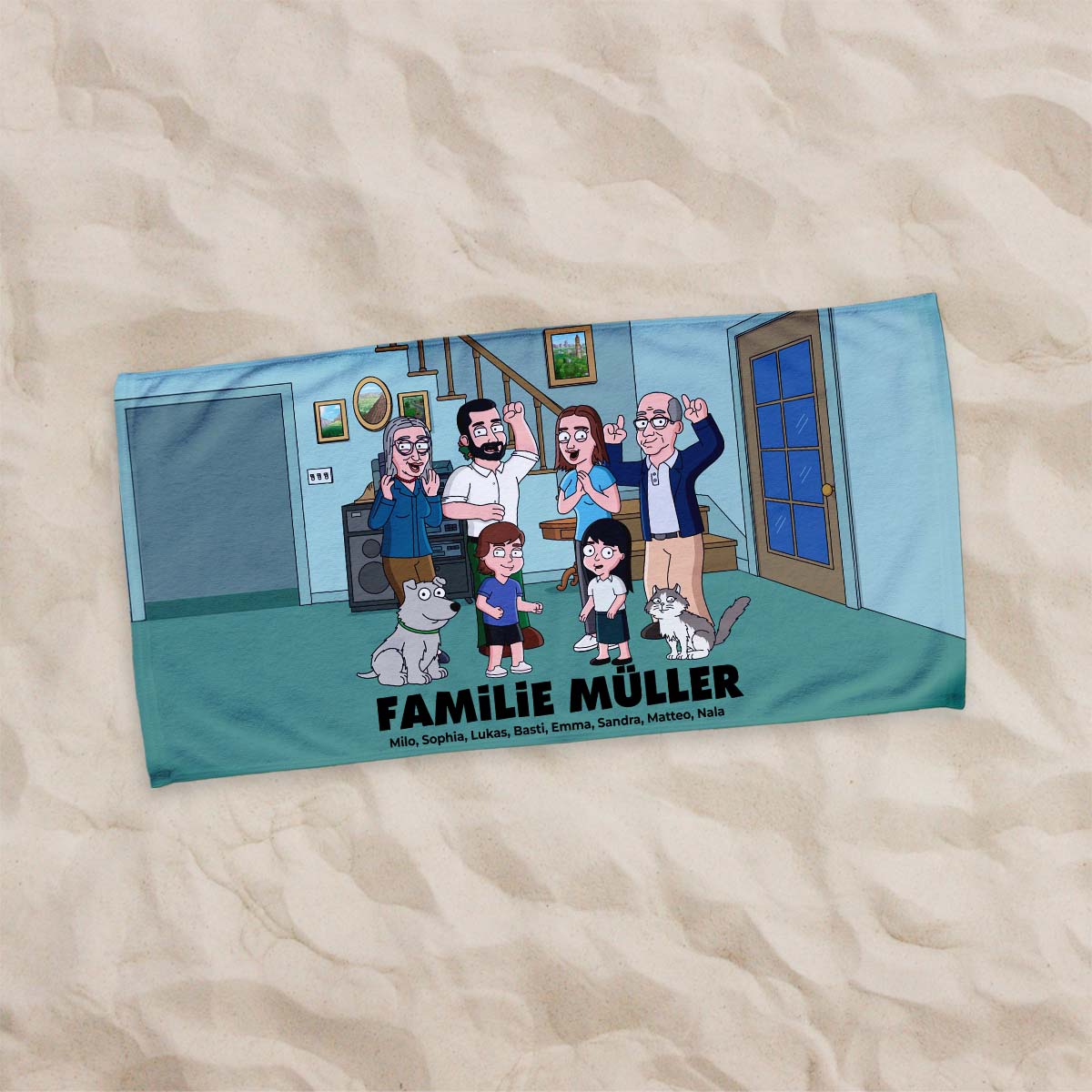 Personalisierbare Handtuch-Illustration Zeichentrick Familie, Vatertagsgeschenk, Geschenk Papa, Geburtstagsgeschenk, Geschenk Männer, Geschenk Freund, Geschenk Bruder, Romantische Geschenke, Hochzeitsgeschenk, Kleine Geschenke, Geschenk, Geschenkidee