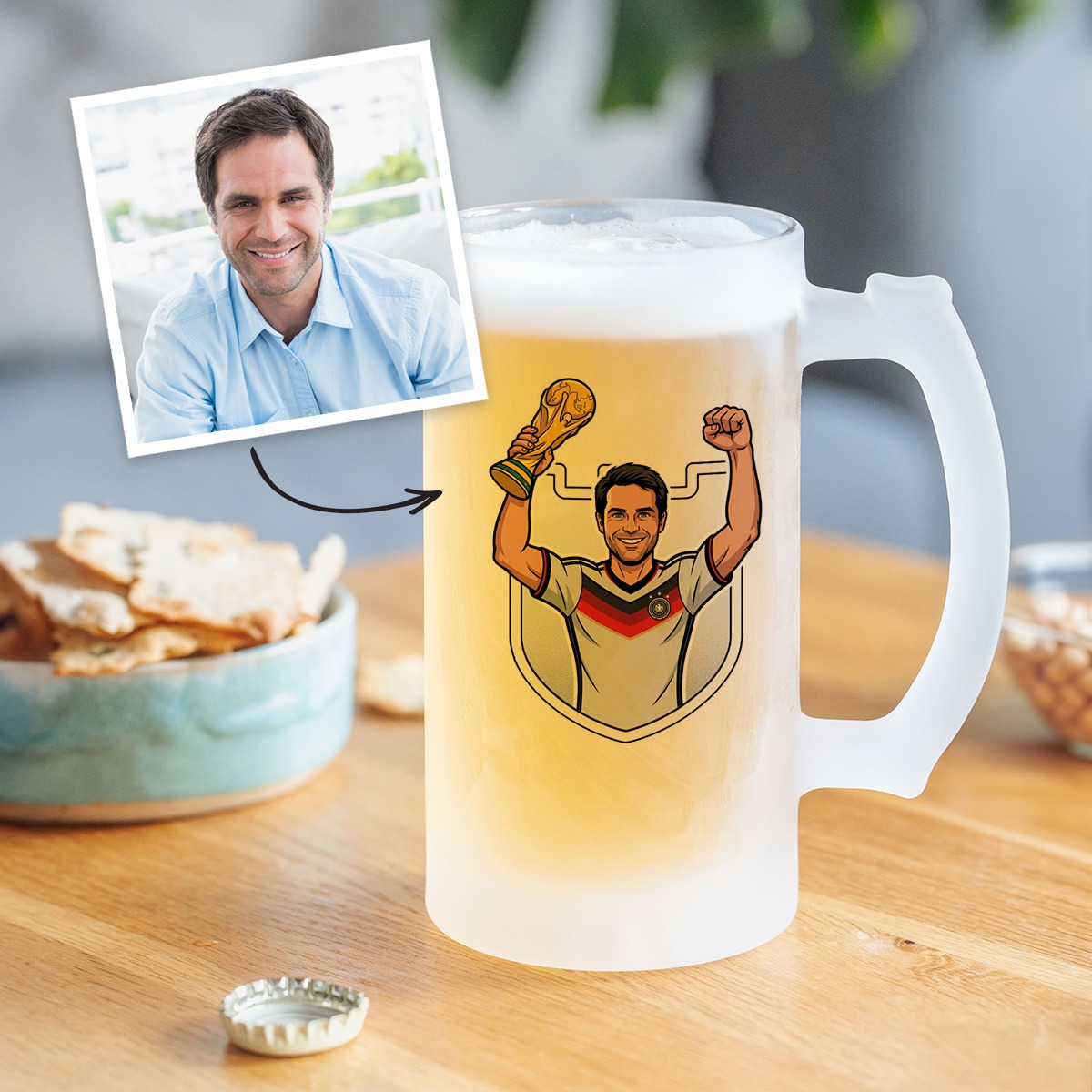 Personalisierter Bierkrug - WM Design mit Comic-Illustration, Fotogeschenk, Witzige Geschenke, Romantische Geschenke, Hochzeitsgeschenk, Kleine Geschenke, Geschenk, Geschenkidee