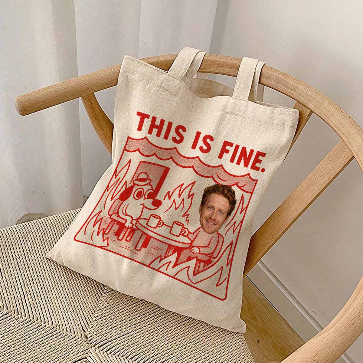 Personalisierter Jutebeutel This Is Fine Meme mit Foto, Fotogeschenk, Geschenk, Geschenkidee