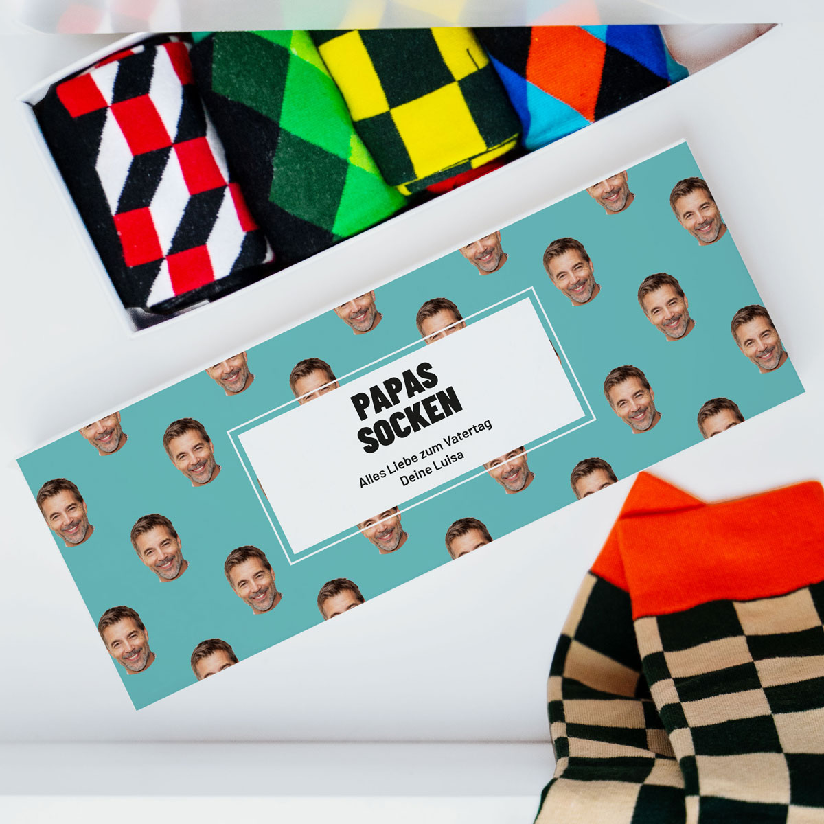 Personalisierbare Sockenbox mit Gesicht und Namen, Vatertagsgeschenk, Fotogeschenk, Witzige Geschenke, Romantische Geschenke, Hochzeitsgeschenk, Geschenk, Geschenkidee