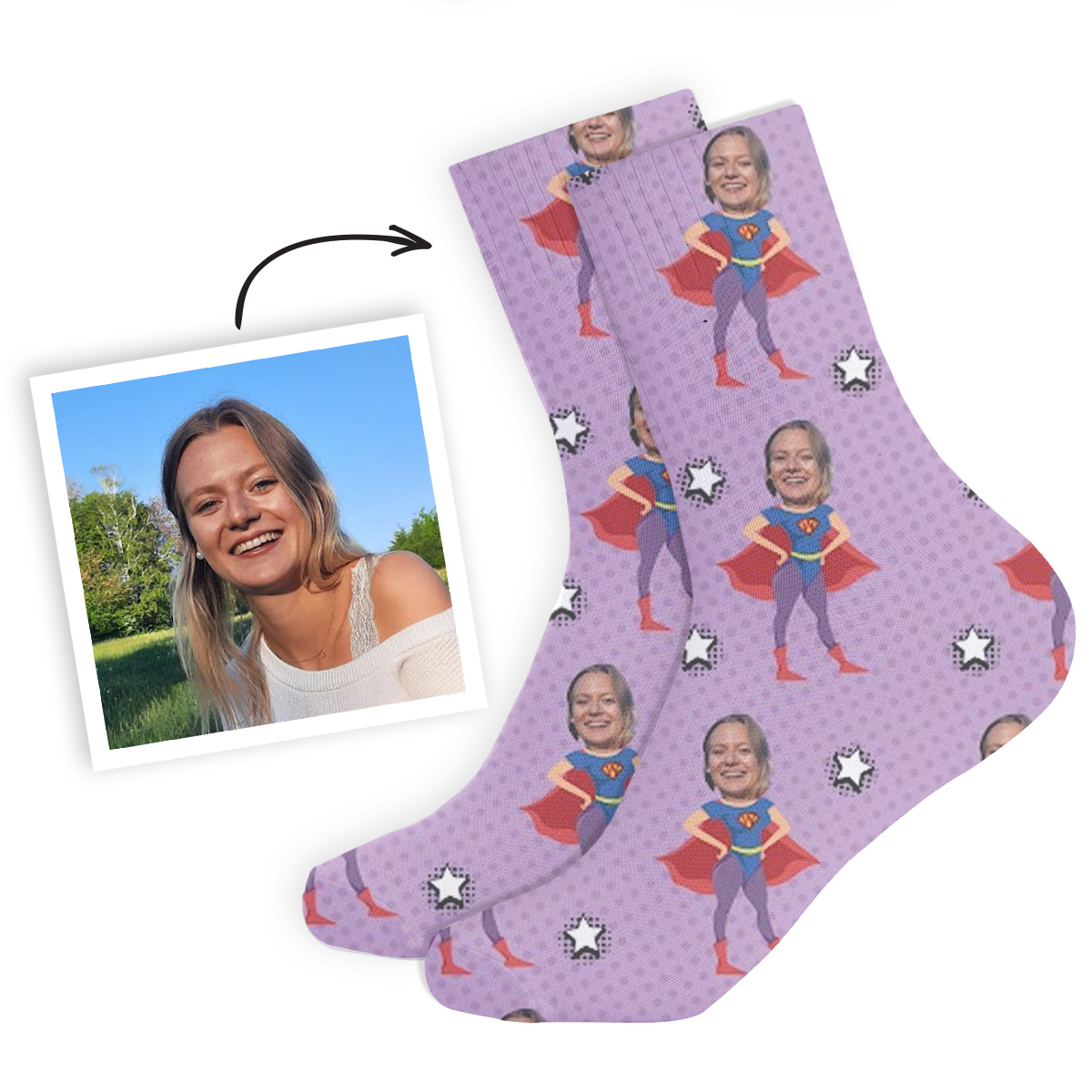 Personalisierbare Socken mit Gesicht und Superhelden