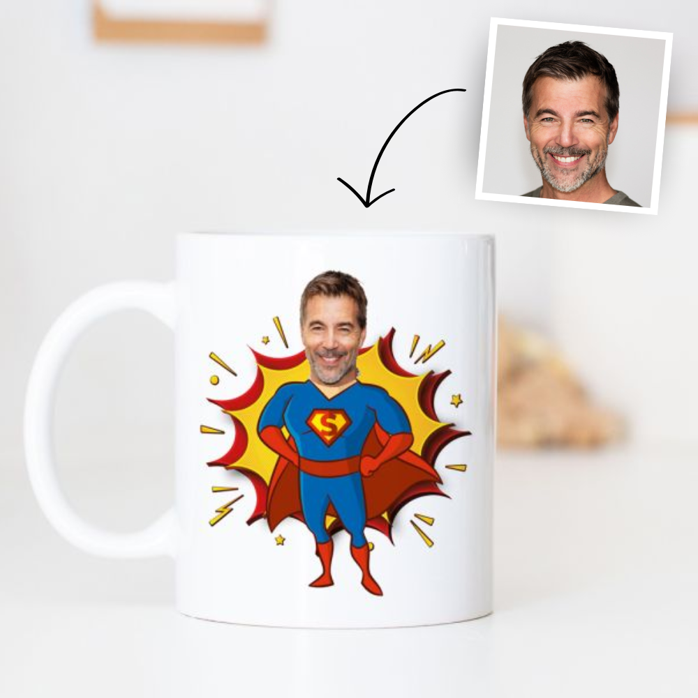 Personalisierbare Superhelden Tasse mit Gesicht, Vatertagsgeschenk, Geschenk Papa, Fotogeschenk, Geschenke Frauen, Geschenke Freundin, Geschenk Schwester, Geschenk Mama, Witzige Geschenke, Romantische Geschenke, Hochzeitsgeschenk, Kleine Geschenke, Geschenk, Geschenkidee