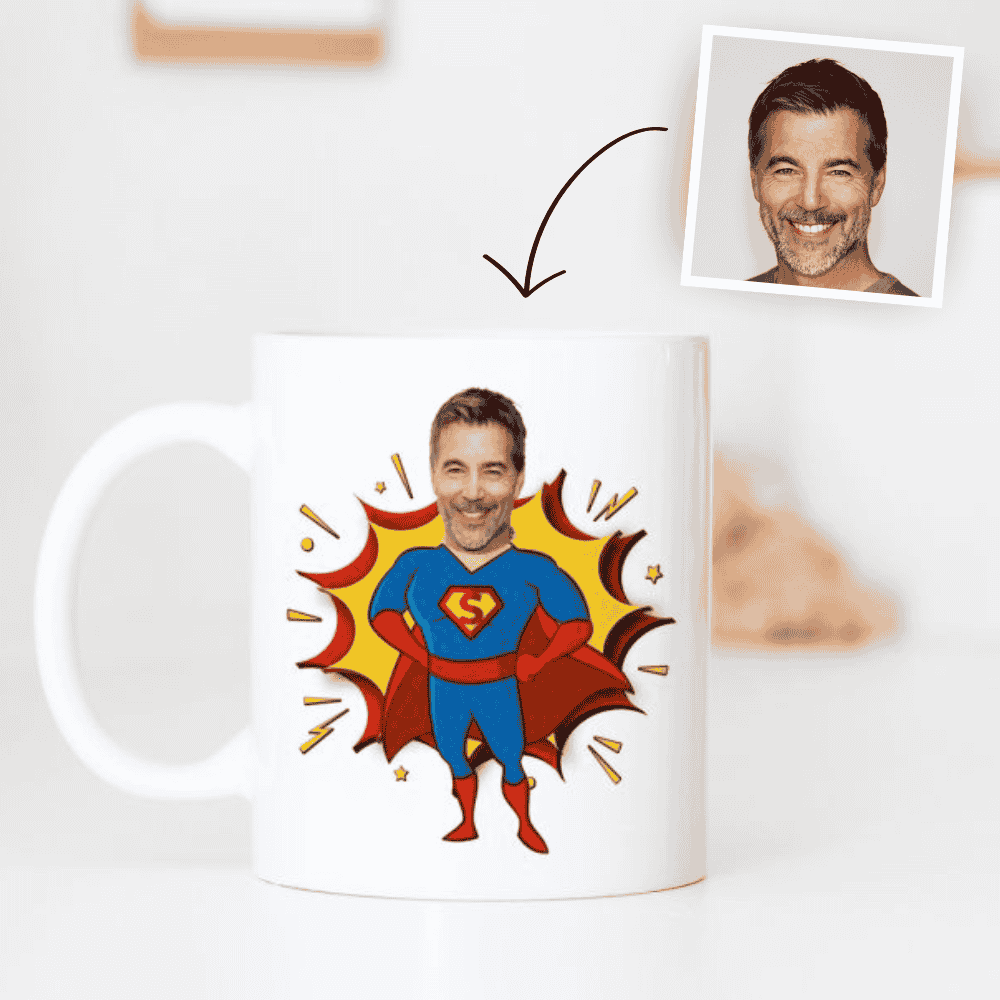 Personalisierbare Superhelden Tasse mit Gesicht, Weihnachtsgeschenk, Fotogeschenk, Geschenke Frauen, Geschenke Freundin, Geschenk Schwester, Geschenk Mama, Geschenk Papa, Witzige Geschenke, Romantische Geschenke, Hochzeitsgeschenk, Kleine Geschenke, Geschenk, Geschenkidee