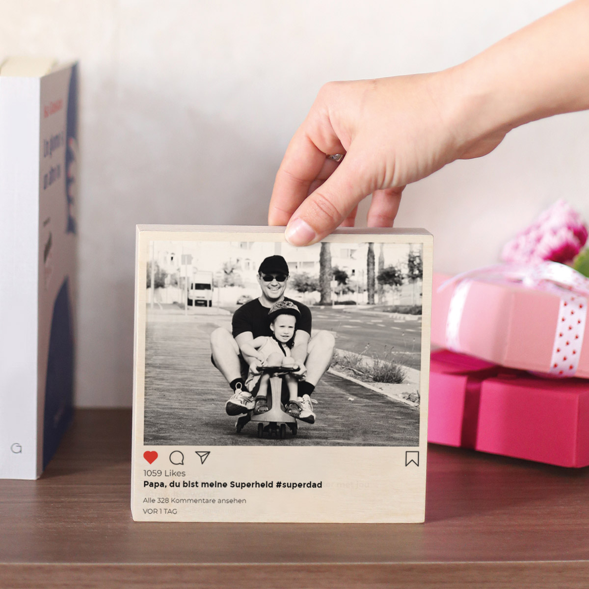 Geschenke für Papa personalisierter Holzblock im Instagram Style